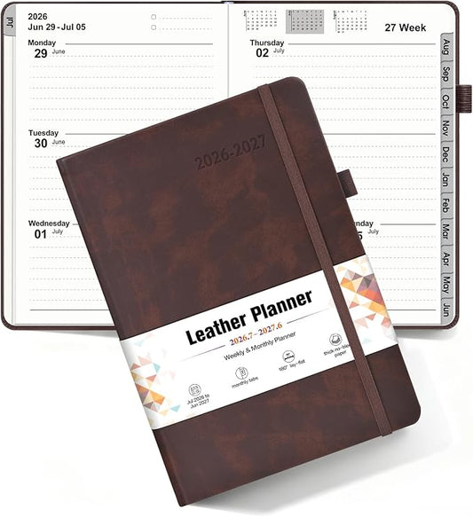Planner 2026-2027, Academic Weekly and Monthly Calendar Planner from July 2026 - June 2027, Hardcover Leather Daily Agenda Book with Tabs, College School Organizer for Student Teacher, A5 (5.75" x 8.38"), Brown