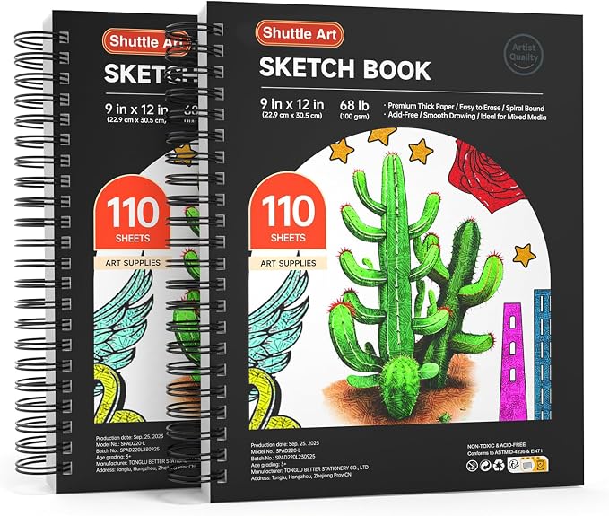 Shuttle Art 9x12” Sketchbook, 220 Sheets Total, Pack of 2(110 Sheets Each), 68lb/100gsm Thick Paper, Spiral Bound Mixedmedia Sketch Pad, Acid-free Drawing Pad for Kids Adults Artists Sketching Drawing
