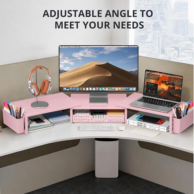 OPNICE Desk Organizers and Accessories, Dual Monitor Stand Riser with Drawer and 2 Pen Holders, Desk Shelf Wood Computer Racks for Office Workspace Organizers, Desktop Organization (Pink Wood)