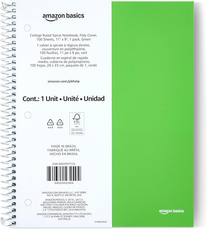 Amazon Basics College-Ruled Spiral Notebook, Poly Cover, For Work and School, 100 Sheets, 9" x 11", Green, 1-Pack