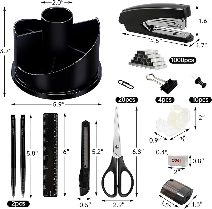 deli Office Supplies Set, 1045 Pcs-Desk Accessory Organizer Kit, Stapler Set, Rotating Multi-Functional Pen Holder, Tape Dispenser, Pens, Binder Clips, Sharpener, Scissor, Eraser, Black