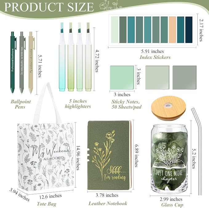 Havawish 14 Pcs Book Lovers Gift for Women 16 oz Glass Cup Tote Bag A6 Journal Notebook Pens Highlighters Sticky Notes Back to School Teacher Librarian Bookish Book Club(Light Green,Aesthetic)