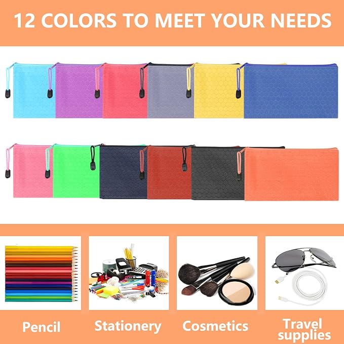 48pcs Pencil Pouch Bulk,Zipper Pouches,Waterproof Pencil Bags, Small Organizing Bags in 12 Colors for Classroom,Office Supplies Storage and Travel Accessories
