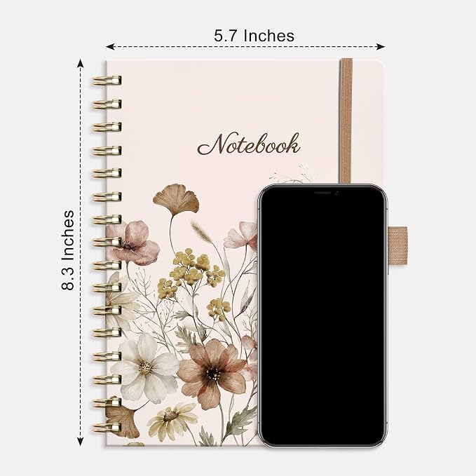 AHGXG Spiral Journal Notebook, 160 Lined Pages, A5 Size (5.7'' x 8.3'') | for Women, Journaling, Writing, Work & Office, Hardcover, 100 GSM Thick Paper (Soft Neutral Floral)