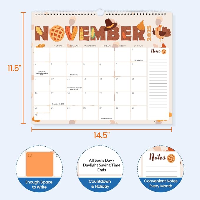 SUNEE 2026 Calendar- 18 Months Oct. 2025 - Mar. 2027, 14.5"x11.5" Big Grid Hanging Calendar 2026 with Note for Organizing & Planning, 2026 Wall Calendar with Note, Cute