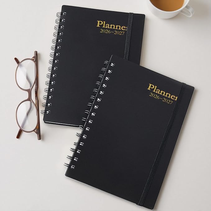 Daily Planner 2026-2027, 18-Month Weekly and Monthly Calendar Planner, July 2026-December 2027, Planning Agenda Book with Laminated Tabs, Flexible Cover, 100GSM Thick Paper, A5 Size,Black