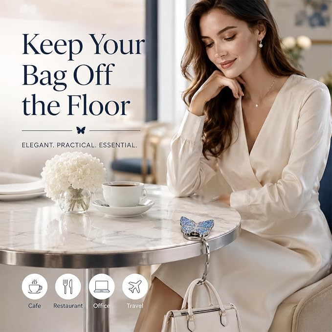 Purse Hook for Table, Foldable Handbag Hanger for Women, Portable Bag Holder with Non-Slip Base, Cute Star Blue Butterfly Purse Table Hook for Restaurant Office Travel Gift