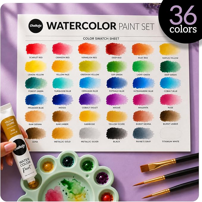 Chalkola Watercolor Paint Set for Adults & Professional Artists - 36 Watercolor Tubes Set (12ml, 0.4oz), 10 Painting Brushes & 1 Palette | Vibrant Water Color Art Painting Supplies