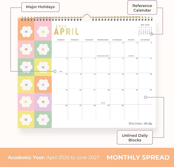 Blue Sky 2026-2027 Monthly Academic Wall Calendar, 15"x12", Daisy Checkers | 15-Month, April 2026 - June 2027, Twin Wire Binding, Colorful Interior, Office And Classroom, Academic Year, Brook Gossen