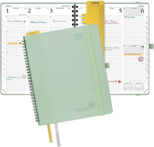 POPRUN Planner 2026-2027 (Large - 8.5'' x 10.5'') Academic Weekly Planner | Calendar(July 26-June 27) Appointment Book with Hourly Time Slots, Monthly Tabs, 100GSM, Spiral Leather Cover - Celadon Green