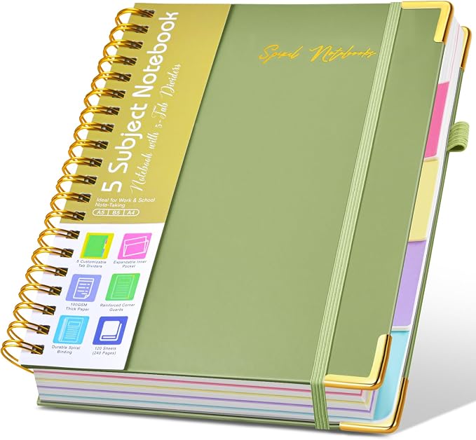Hardcover Spiral Notebooks for Work, 5 Subject Notebook College Ruled with Dividers Tabs, Lined Organizer Notebook Journal for Women, 240 Pages Small A5 Notebooks for School Note Taking, 5x7 Green