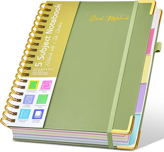 Hardcover Spiral Notebooks for Work, 5 Subject Notebook College Ruled with Dividers Tabs, Lined Organizer Notebook Journal for Women, 240 Pages Small A5 Notebooks for School Note Taking, 5x7 Green