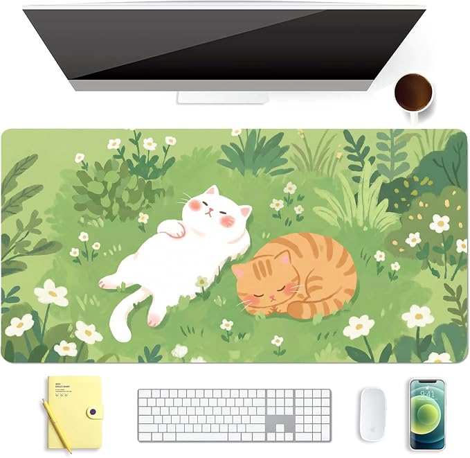 Cat Kitten Grassland Leather Desk Mat Extended Gaming Mouse Pad | Non-slip Large Writing Pad Laptop Blotter Computer Keyboard Mat | Cute Kawaii Desk Protector for Home Office 27.6" x 13.8"