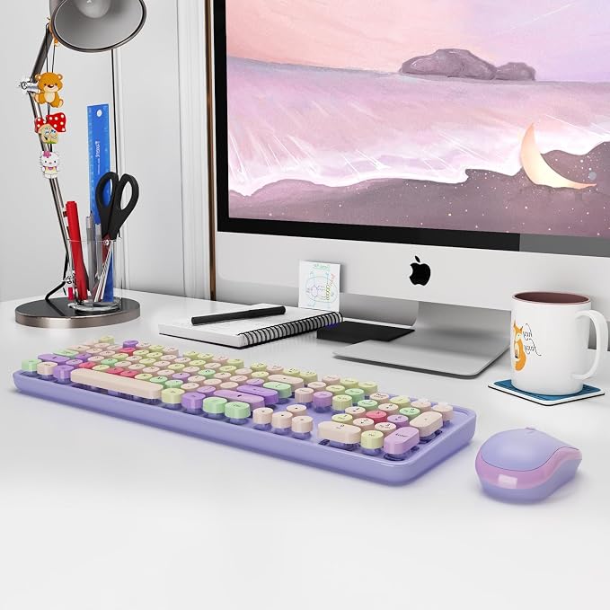Kootop Wireless Computer Keyboard and Mouse Combo,Colorful Purple | Ergonomic Full Size Typewriter Retro Round Keycaps Keyboard, Compatible with Windows, PC, Perfer for Home and Office