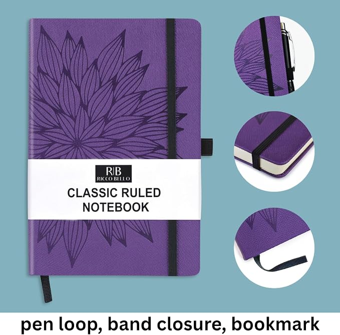 RICCO BELLO Lined Journal Notebook, Purple Bloom, 5.7 x 8.4-Inches | Faux Leather Hardcover, Pen Holder, College Ruled, 96 Sheets / 192 Pages, For Work & Notes