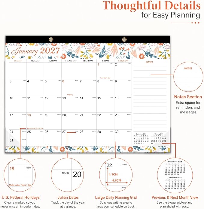 Desk Calendar 2026-2027 - Ougesi 19 Month Desk Top Calendar June 2026 - Dec 2027,17x12 Academic Desk Calendar with Thick Paper, Large Blocks for Home & Office (Floral)