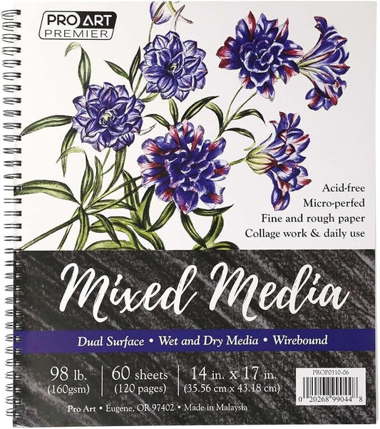 Pro Art Premium Mixed Media Pad 14"x17" 60 Sheets, 98#, Wire, Sketch Book, Sketchbook, Drawing Pad, Sketch Pad, Drawing Paper, Art Book, Paper, Sketchbook for
