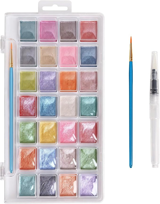 28 Metallic Colors Washable Watercolor Paint Set, with 3 Brushes Pen | watercolor palette, Non-toxic Water Color Paints Sets for Kids, Adults Artists Students Beginner,Travel Watercolor Set