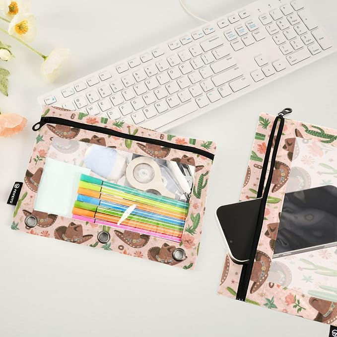 Binder Pencil Pouches Cowboy Hat and Cactus Pen Case | Clear Window 3 Rings, Cosmetic Bags School Office Supplies Cosmetic Makeup Bag 2 Psc
