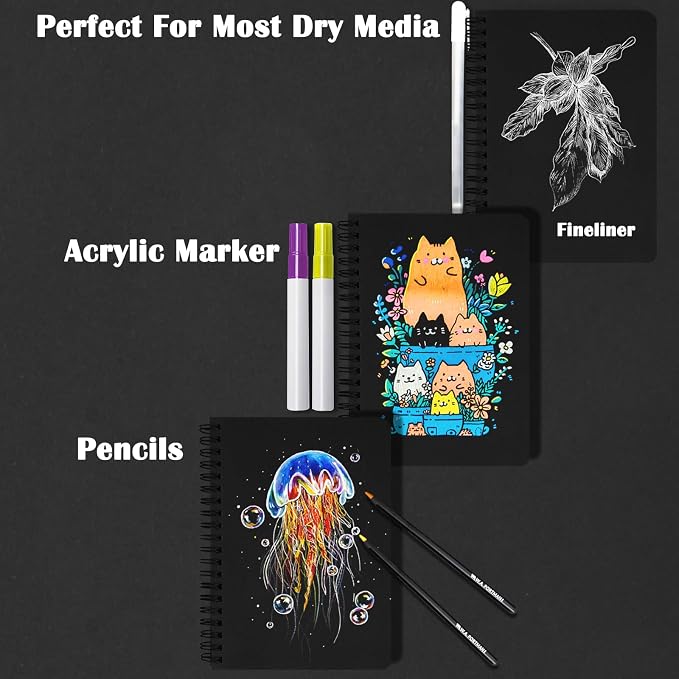 5x7 Black Paper Sketchbook,Spiral Bound Journal Notebook,70 Sheets 110gsm