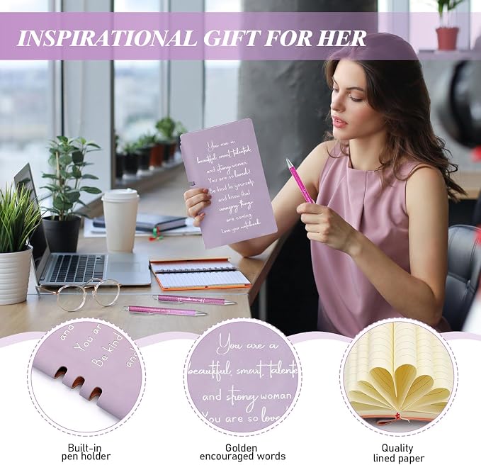 Resurhang 5 Pcs Inspirational Journal for Women Employee Appreciation Gift A6 Leather Journal Glitter Ballpoint Pen with Box for Back to School Teacher Coworker Female Secretary Nurse(Purple)
