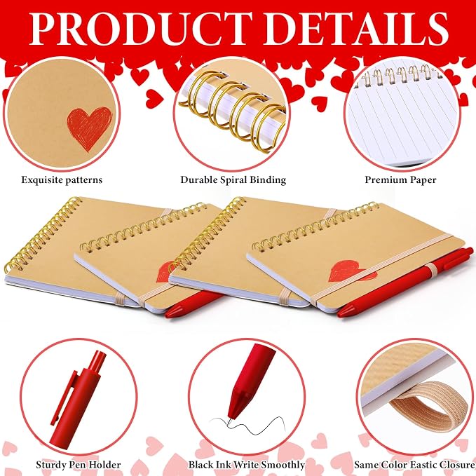 Fulmoon 24 Set Red Heart A6 Spiral Notebook with Ballpoint Pens 50 Sheets, 4"x 6" Small College Ruled Notepads Heart Journaling Notebooks Bulk Team Gifts for Women Back to School Supplies