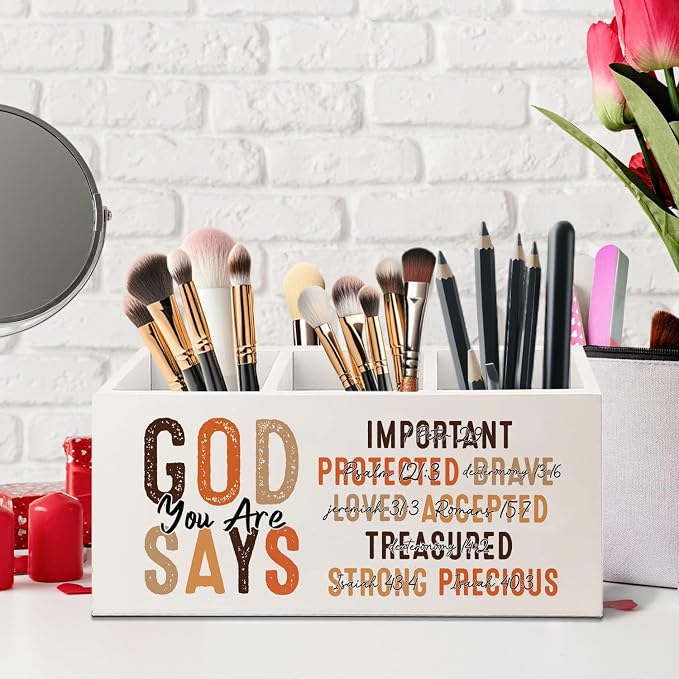 Bookmark Holder Decor Wooden Pen Pencil Holder for Desk, Christian Bible Gifts, God Says you Are Wood Makeup Brush Toothbrush Holder Organizer for Reading Corner Room Library