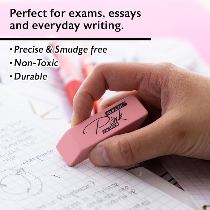 BAZIC Products Pink Bevel Block Erasers, Latex-Free, PVC-Free, 4 Count | latex-free and PVC-free, pink beveled block erasers, Clean erase, smudge-resistant, school, home