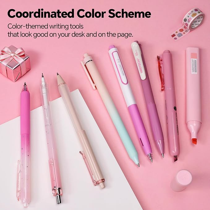 WRITECH Gel Pens Journaling Highlighters: Pink Journal Set Assorted Pastel Color 0.5mm&0.7mm Fine Point Retractable Black Ink Pen Mechanical Pencil Smooth Writing Drawing 8ct