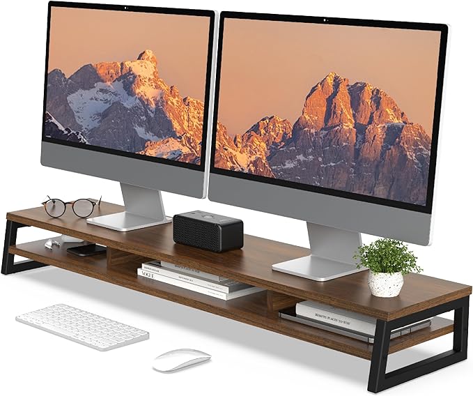 Fenge Dual Monitor Riser for Desk, Open Shelf with 3 Storage Compartments | 42.5in Computer Monitor Stand, 2-Tier Desk Shelf for Top of Desk,One-Piece Panel, fit Ultrawide Monitor, PC, Laptop, Brown