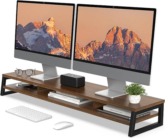 Fenge Dual Monitor Riser for Desk, Open Shelf with 3 Storage Compartments | 42.5in Computer Monitor Stand, 2-Tier Desk Shelf for Top of Desk,One-Piece Panel, fit Ultrawide Monitor, PC, Laptop, Brown