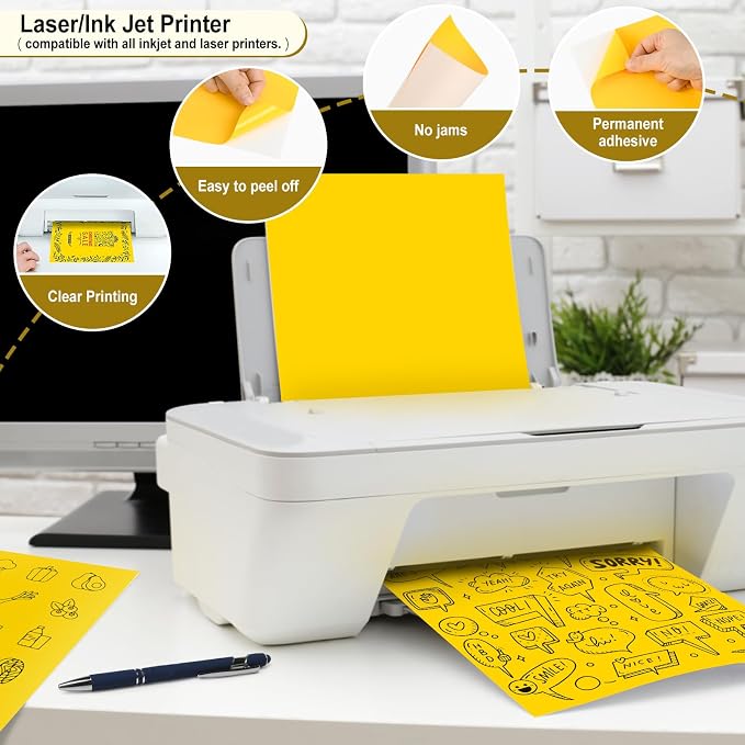 L LIKED 30 Fluorescent Yellow Full-Sheet Labels, 8-1/2" x 11" Neon Colored Self Adhesive Labels for Laser & Inkjet Printers - 30 Sheets