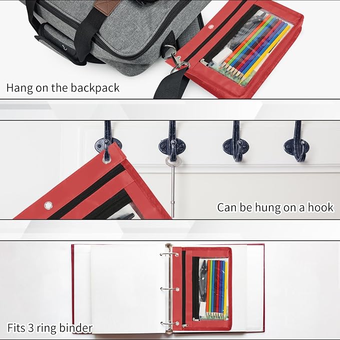 YoeeJob 2 Pack 1 Inch Expandable Zipper Pencil Pouches with Clear Window for 3 Ring Binder, Suitable for School & Office（Red）