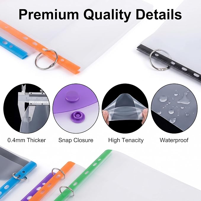 12 Pack Expandable Plastic Envelopes Binder Pocket, 11 Hole Expanding File Pockets for 2/3/4 Ring Document Pouch with Snap Button & Label, Loose-Leaf Transparent for School Home Office
