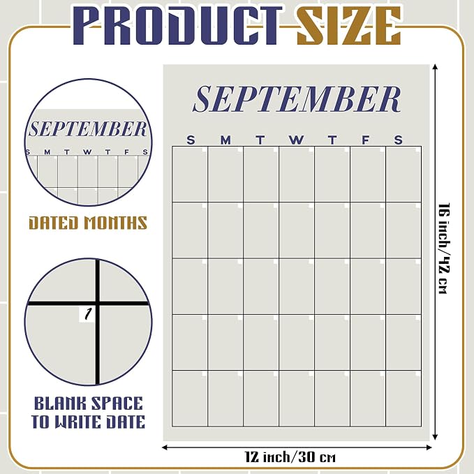 12 Pcs Undated Calendar 16‘'x 12‘' Large Colorful Wall Calendar 12 Month Dry Ease Reusable Planning Erasable Yearly Blank Planner Reserved Grid for Office Home Educational Study Room Back to Class