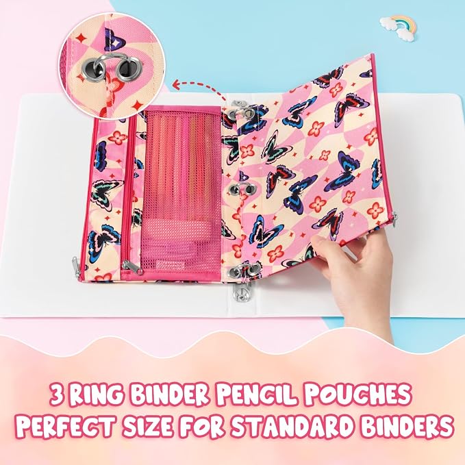 WAWSAM Butterfly 3 Ring Pencil Pouch, Zipper Pencil Pouch for Girls | 2 Pocket Clear Window Pencil Case, Pencil Pouch for 3 Ring Binder, Pencil Bags for School Supplies, Office, College