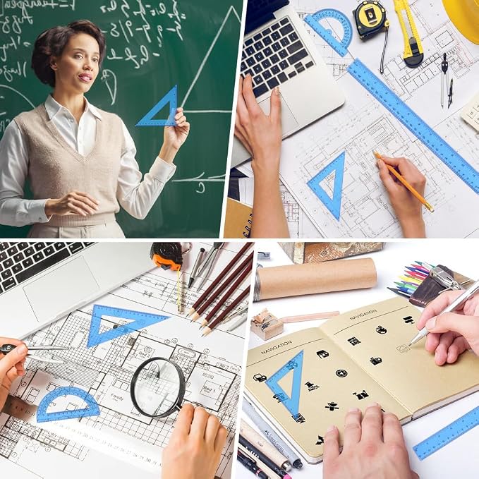 Plastic Clear Ruler Math Set, 6" | 12" Straight Ruler Protractor, 2 Protractors 180 Degree 2 Triangle Rulers 45 | 60 Degree 2 Straight Rulers Measuring Tool for School Office Home Supplie,Blue