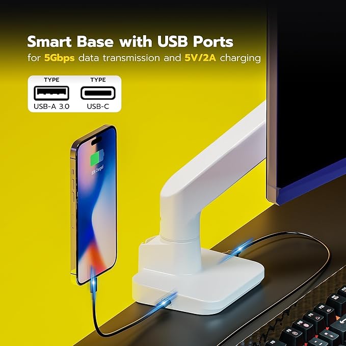 ARES WING Ultrawide Monitor Arm with USB for 17 to 49 Inch Screen, White | Pro Gas Spring, Full Range of Motion, for 75/100 Vesa Mount, for Samsung, LG Curved/Flat Monitor, Easy Install, Hold 44lbs