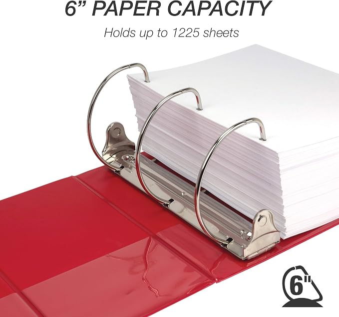Samsill Durable 6 inch 3 Ring Binder, Locking D Ring Binder, Customizable Clear View Cover, Red, Holds 1225 Pages