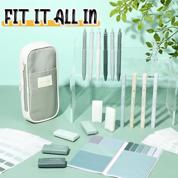 38 Pcs Aesthetic Office Supplies with Pen Case Sticky Notes Gel Pens Highlighters Correction Tapes Stationery Kit for Office Work Coworkers(Green Color,Classic)
