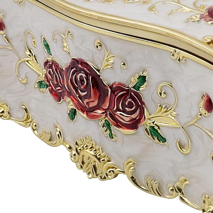 Luxurious Rose Tissue Box with Imitation Diamonds,Gold-White-red | Embossed Flowers，9.45"x5.43"x3.94"，Elegant Tissue Paper Holders，for Home Toilet Bath Hotel