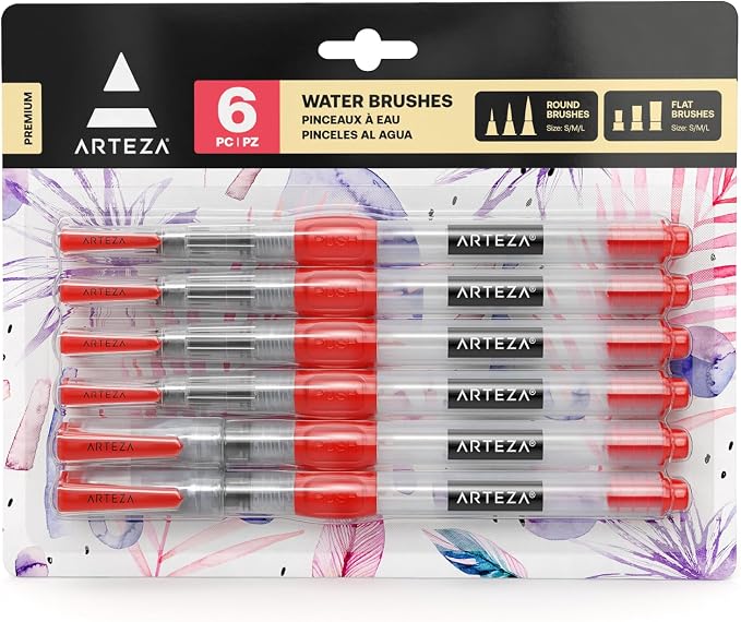 Arteza Water Brush Pens, Set of 6, with Assorted Soft Nylon Bristle Tip Sizes, Self-Moistening Water Color Paint Pens for Aquarelle, Ink, and Watercolor Painting