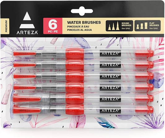 Arteza Water Brush Pens, Set of 6, with Assorted Soft Nylon Bristle Tip Sizes, Self-Moistening Water Color Paint Pens for Aquarelle, Ink, and Watercolor Painting