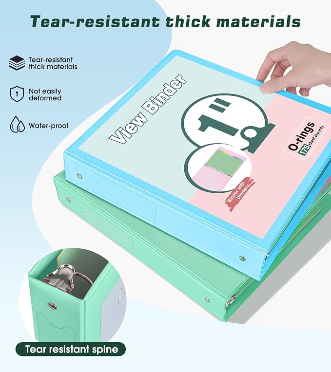 3 Ring Binder 1 inch，Cute Binder Organizer with 5 Tab Dividers Fits 175 Sheets of 8.5x11 Paper, Customizable Clear Cover with Inside Pockets, Aesthetic 1" Three Ring Binders for School Office，Green