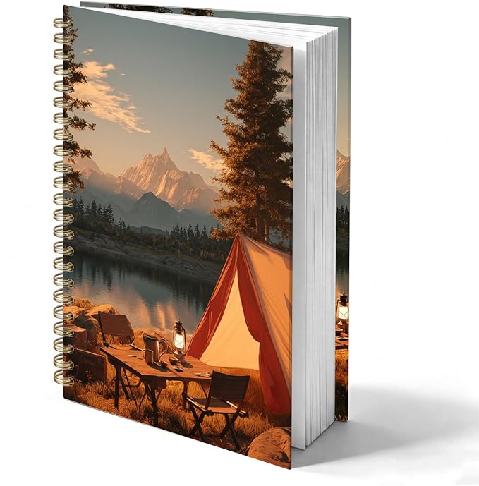 Mountain Forest Camping Journal Notebook 5.5x8.3, Camping Lover Gifts Journal for Women Men, Camper Gifts, Cozy Sunset Lake Landscape Notebooks for Work