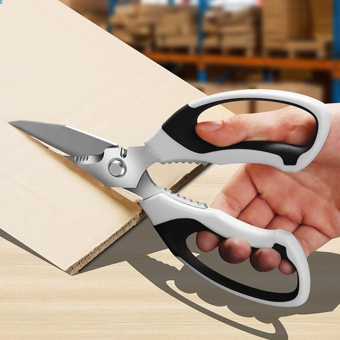 BoFuYuan Utility Scissors All Purpose heavy duty 8-Inch White | Comfort Grip, Sharp Serrated Blades Cutting Carpet Cardboard Wire Fabric, Multipurpose Shears for Kitchen Garden Office Craft