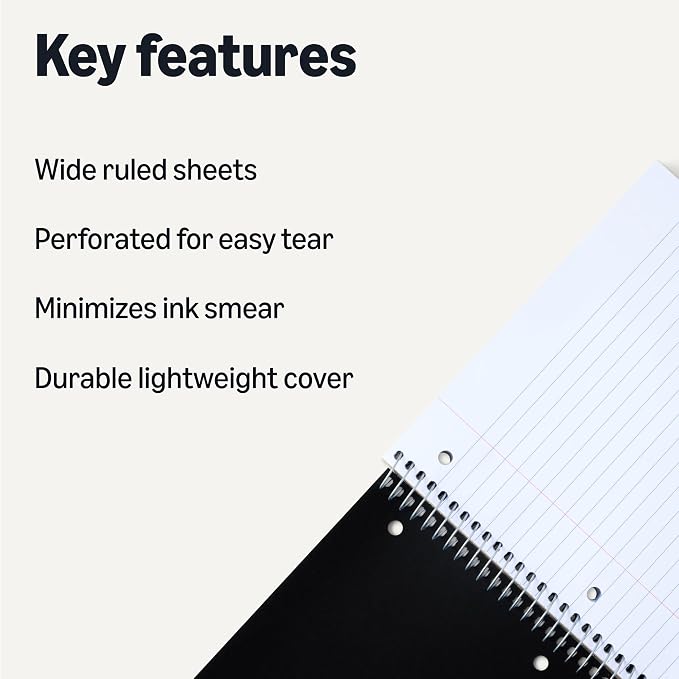 Amazon Basics Wide Ruled 3-Subject Spiral Notebook, 150 Sheets, 8.5 x 10.5 Inches, Black, 2-Pack