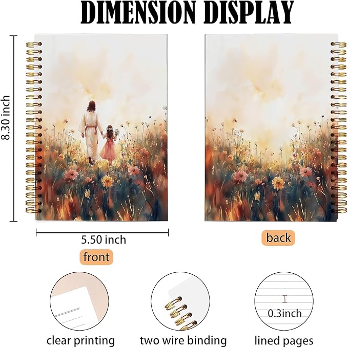Christian Notebook – Jesus and Little Girl in Floral Field – Inspirational Faith Journal with Sunset Art – Lined Spiral Diary for Women & Girls, Spiral Bound 5.5x8.3 Inches