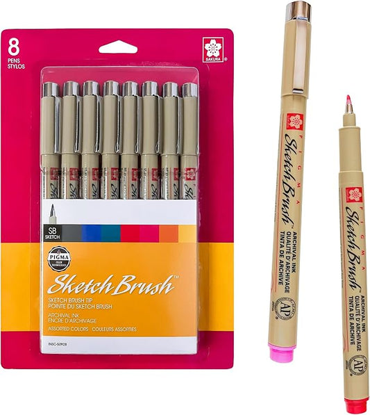 SAKURA Pigma Sketch Brush Pens - Multi-Color Pen Set for Calligraphy, Brush Lettering & Illustration - Fluid & Precise for Smooth Transitions - Archival Ink - Assorted Colors - 8 Count