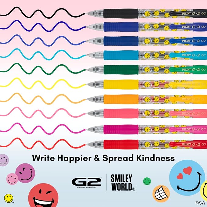 PILOT, G2 Premium Gel Roller Pens, G2 SmileyWorld Collection, Write Happier, 10 Pack Pouch, Fine Point 0.7 mm, Assorted